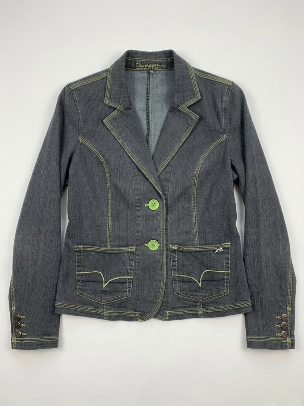 POINT ZERO -  Contrast-Stitch Denim Blazer green details - MEDIUM
